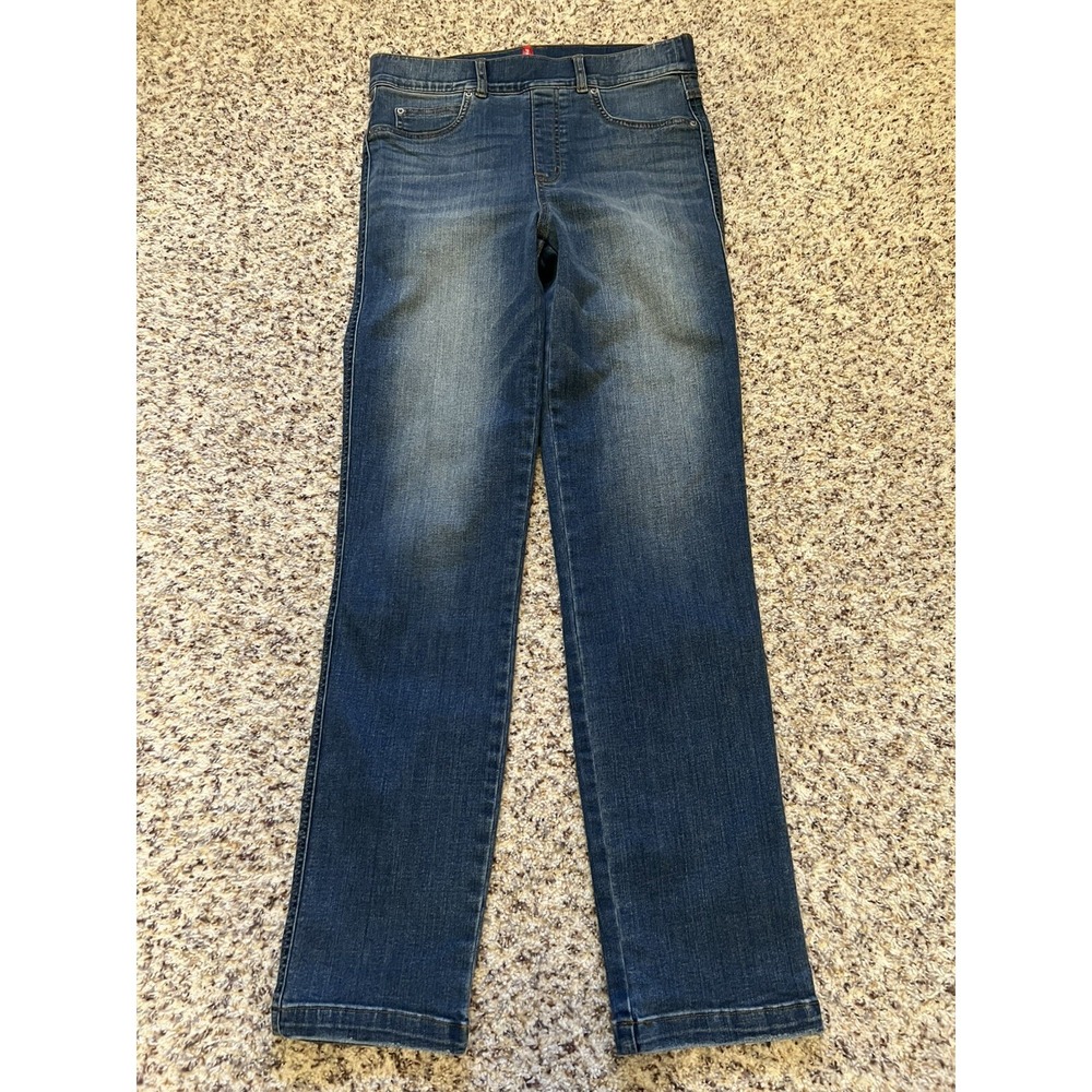 Spanx Straight Jeans Women New Sz M Mid Rise Pull On Premium Stretch Blue